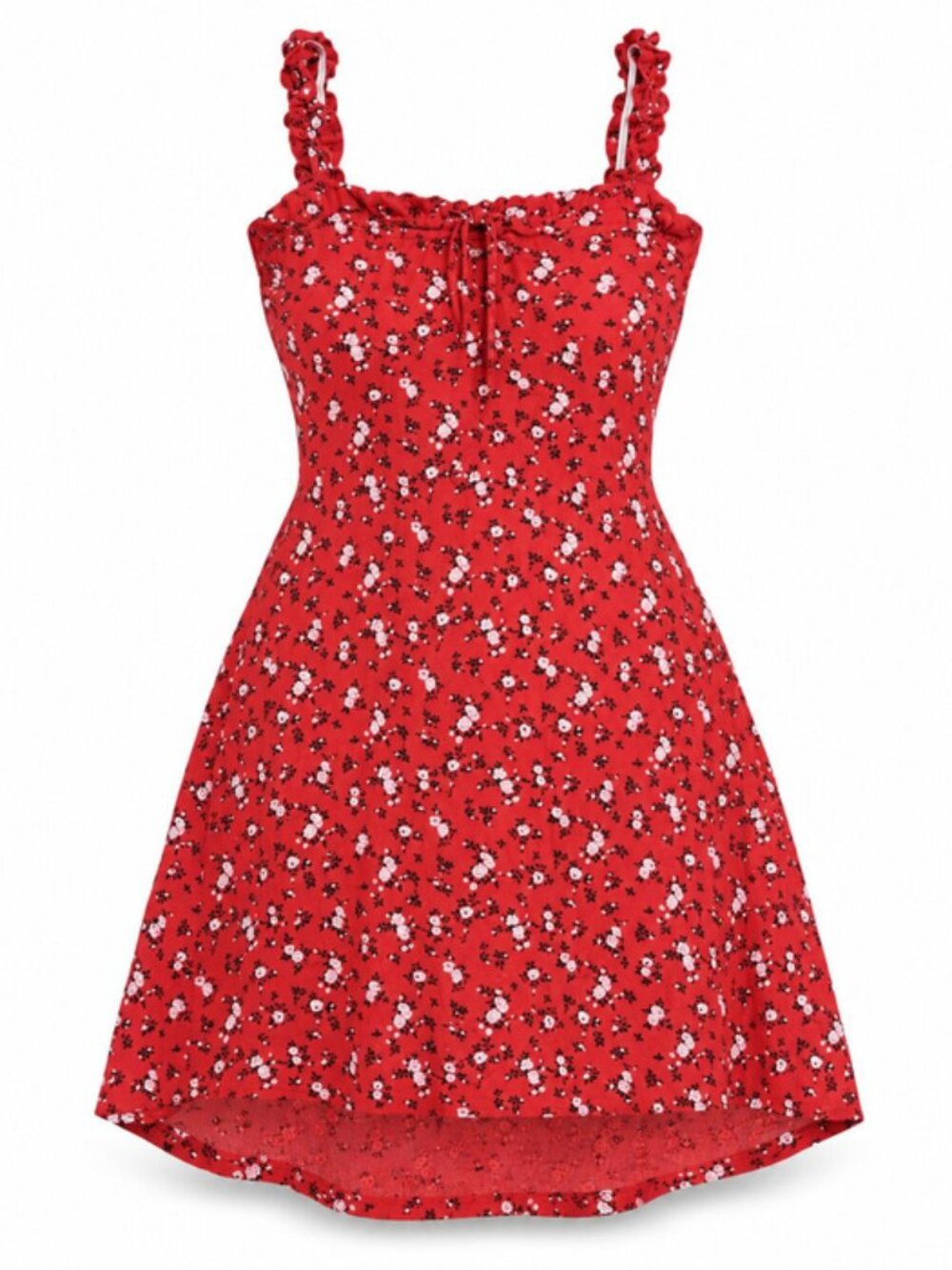 PrettyLittleThing Red Ditsy Floral Ruffle Mini Dress | US 12 | NWT